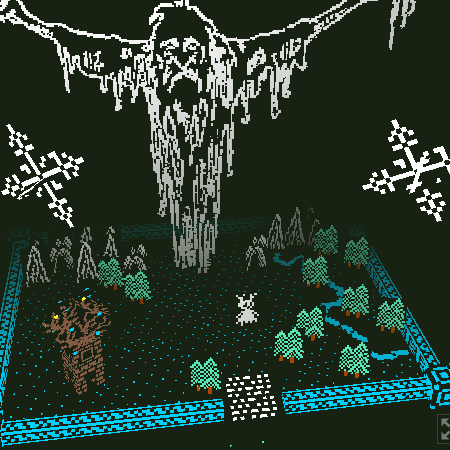 The game Sister Spring Brother Winter by Ash made in the tool bitsy3D color showing of the giant ghost that is standing in a wild forrest