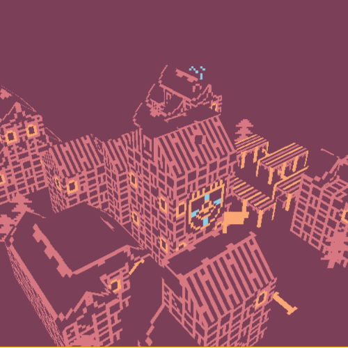 rotating diaorama view of a marketplace in shades of light red, orange and some blue elements. It reminds you of a medivial city with its cross of arms as a bell. The game on display is Rusty Blade by Kai made in bitsy 3D