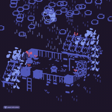 rotating diaorama view of a rooftop with plants and a rain cloud ontop. The light bluish tones in the moonight give of a erie vibe. Its the bitsy 3D game sleepi Boi by thatsmaik