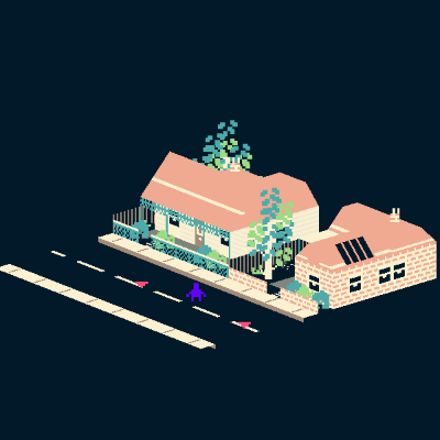 rotating diaorama view of a street with low housing and some trees. The street takes half of the frame and the nieghboorhood the other. It is "I am still here" and was made by cecile richard in bitsy 3D color.