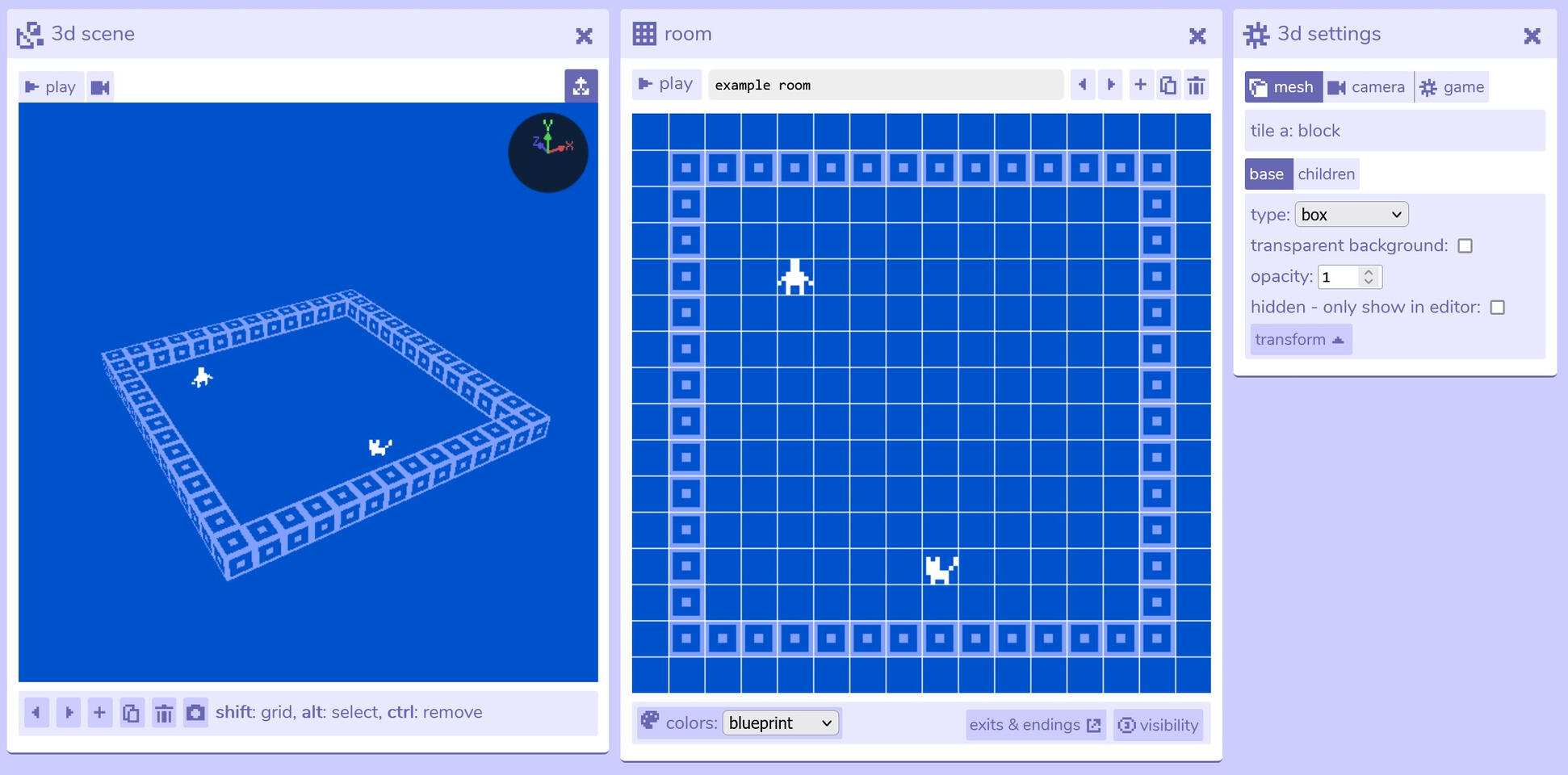 the start panel of bitsy 3D with the scenes on the left, rooms in the middle and the 3D Settings on the right